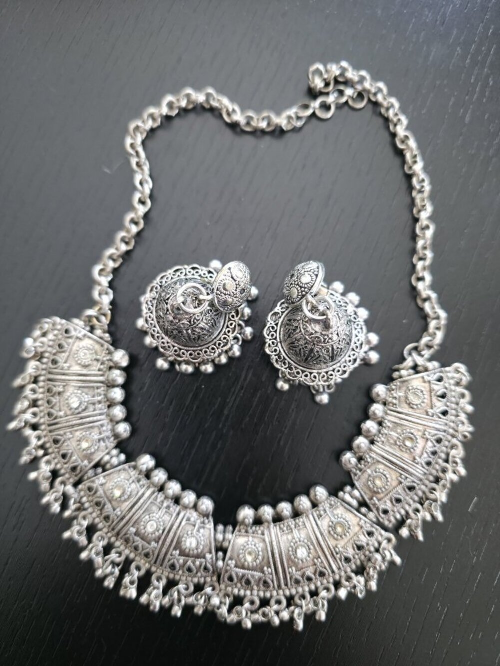 New Oxidized Silver Choker Necklace Set Jhumka Ring Dandiya Garba Navratri